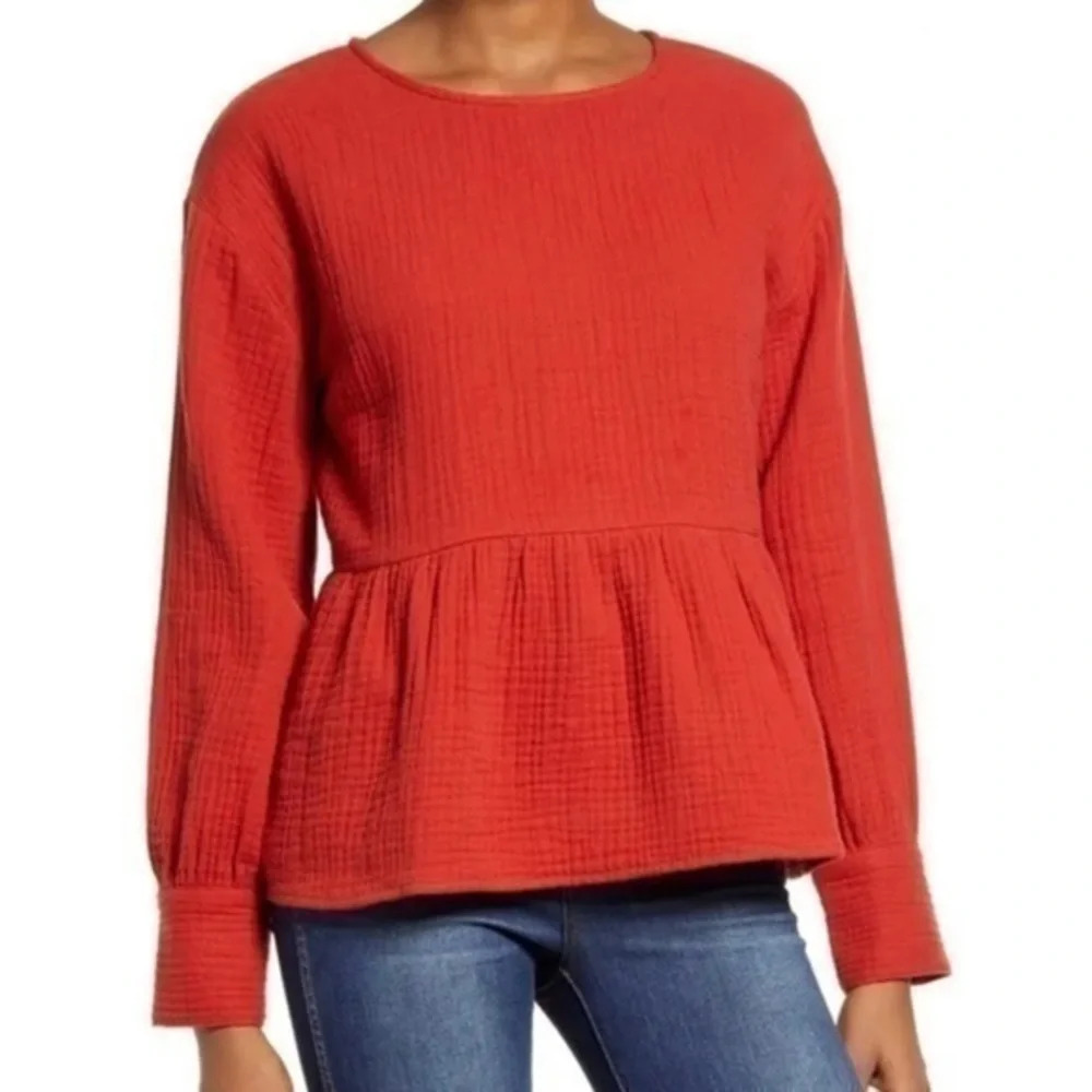New Madewell Lightspun Button Back Peplum Top